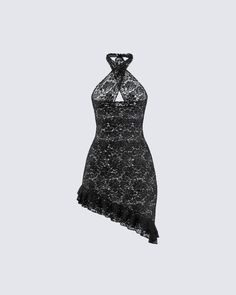 Slip into sultry elegance that'll leave them begging for more with this black lace dress 😏 Crafted from a stretchy lace fabric, this halter-style dress features an asymmetrical hem, a pull-on design, and ruffles 🖤 Leave little to the imagination -- dress is sheer & undergarments are not included 👀 Classy Elegant Outfits, Black Lace Halter Dress, Baddie Black, Villain Dresses, Halter Style Dress, Lace Halter Dress, Outfits Y2k, All I Ever Wanted, Dress Crafts