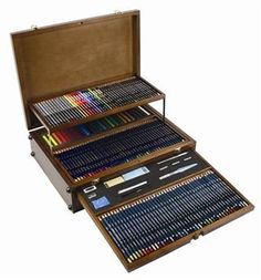 an open wooden box filled with different colored pencils