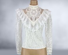 VINTAGE 70s Victorian Lace Blouse by Gunnies- Gunne Sax Jessica McClintock Sz 7 | 1970s White Ivory Sheer Cottage Blouse | VFG Vintage Cream Party Blouse, Vintage Beige Party Blouse, Vintage Beige Blouse For Party, Vintage Tops For Fall Weddings, Fall Vintage Tops For Wedding, Vintage Fall Wedding Tops, Fall Wedding Vintage Tops, Vintage Lace Blouse For Fall, 70s Victorian