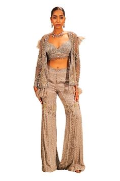 Grey straight pant featuring sequin, cutdana and bead hand embroidery. Paired with a bead, tassel embroidered padded bustier and a hand embroidered jacket. - Aza Fashions Bollywood Style Party Pants With Mirror Work, Festive Embellished Straight Pants, Party Set With Embroidered Straight Pants, Party Sets With Embroidered Straight Pants, Festive Palazzo Set For Party With Straight Pants, Festive Straight Palazzo Set For Party, Festive Party Palazzo Set With Straight Pants, Festive Palazzo Set For Party, Bollywood Style Embellished Festive Pants