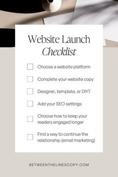 the website launch checklist is shown in black and white, with text overlaying it