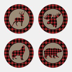 four red and black buffalo plaid coasters with moose silhouettes on the front, one in