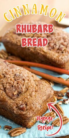 cinnamon rhubarb bread on a blue towel with carrots and pecans