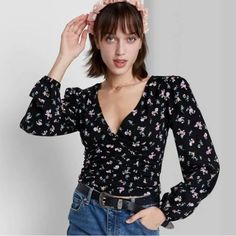 Wild Fable Black Floral Long Sleeve Boho Top Cinched Small Nwt Fitted Black Floral Print Tops, Feminine Black Tops For Fall, Feminine Black V-neck Blouse, Feminine Black Floral Print Top, Chic Black Floral Print Tops, Yellow Flannel Shirt, Target Wild Fable, Boho Long Sleeve Top, Black Crop Tee