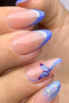 LPOODDNU Blue French Tip Press on Nails with Blue Butterfly and Glitter Designs #nailacrylicideas Butterfly Nail Designs, Unghie Nail Art, Black Acrylic Nails, Summer Nail Art, Cute Simple Nails, Colorful Nails, Blue Nail Designs, Pink Nail, Nail Designs Spring