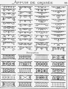 an old style wrought ironwork pattern for the front and back of a house, with various