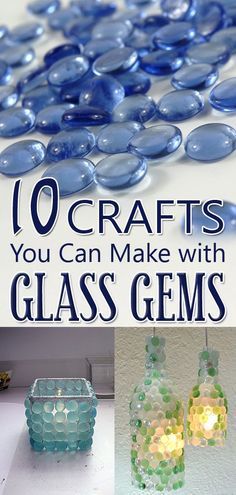 some glass bottles are sitting next to each other with the words 10 crafts you can make with glass gems