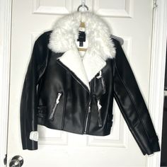 Bought And Never Worn As You Can See. The Metal Embellishments Are Still Wrapped In Paper For Protection. Size Small Faux Leather White Faux Fur Detailing Trendy Leather Jacket With Faux Fur Trim, Trendy Spring Biker Jacket With Faux Fur Lining, Trendy Biker Jacket With Faux Fur Lining For Spring, White Winter Outerwear For Night Out, White Outerwear For Night Out In Fall, Trendy Fitted Biker Jacket With Faux Fur Lining, Trendy Spring Biker Jacket With Faux Fur Trim, Forever 21 White Trendy Outerwear, Trendy White Outerwear From Forever 21