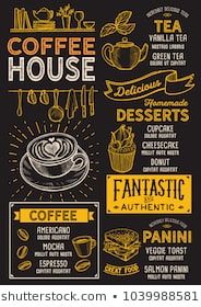 coffee house menu on blackboard with hand drawn lettering and doodle food design elements