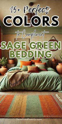 a bedroom with green bedding and potted plants in the corner, text overlay reads 15 perfect colors to comfort sage green bedding