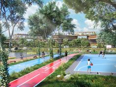 an artist's rendering of a basketball court surrounded by trees and people walking around