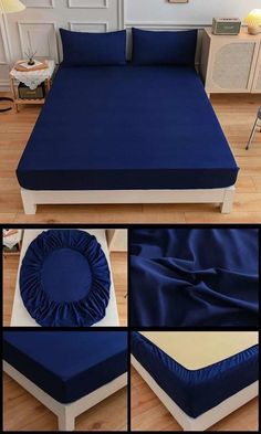 the bed is made up with blue sheets and pillows on it, along with two pictures of