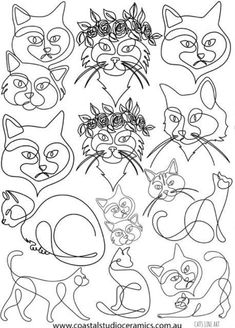 an adult coloring page with many cats and flowers on it, including one cat's head