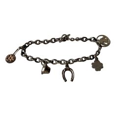 Charming charm bracelet in adult size (19 cm). Easily adjustable to a smaller size due to the old lock mechanism. It is made from 826/1000 silver and is set with 5 charms: bell, four clover, horseshoe, pan and a small plaquette of Zeus with sword rising from the sea. Indistinguisable hallmarks to its lock. Tested 826/1000. Weight: approx. 30 grams. Old Lock, Silver Charm Bracelet, Retro Design, Silver Charms, The Old, Old Things, Charm Bracelet, Charms, Bracelet