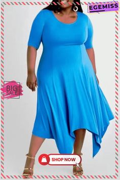 Sky Blue Fashion Casual Plus Size Solid O Neck Irregular Dress Sky Blue Fashion, Color Pick, Lunar New, Blue Fashion, Women's Style, Fashion Casual, Plus Size Fashion, Sky Blue, Dress Length