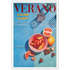 an advertisement for verano orange juice on a tiled floor with sliced fruit in a bowl