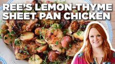 a woman standing in front of a plate of food with the words reese's lemon - thye sheet pan chicken