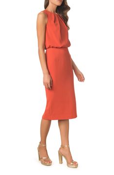 A smooth sheath dress is imbued with a flattering gather at the waist and a hint of stretch in its fabric for easy movement. 42 1/2'' length (size Small) Back zip closure Jewel neck Sleeveless Lined 95% polyester, 5% spandex Machine wash, dry flat Imported Women's Clothing Elegant Fitted Midi Dress With Gathered Waist, Elegant Knee-length Dress With Gathered Waist, Fitted Dresses With Gathered Waist For Formal Occasions, Fitted Knee-length Dress With Gathered Waist, Elegant Fitted Dress With Gathered Waist, Draped Dresses With Flattering Silhouette, Fitted Viscose Dress With Gathered Waist, Fitted Pre-draped Sheath Midi Dress, Elegant Knee-length Midi Dress With Gathered Neckline