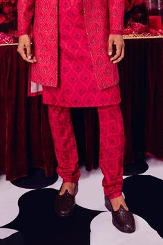 Red linen jacket with floral embroidery. Comes with floral printed pant and a kurta. - Aza Fashions Red Traditional Wear With Floral Embroidery For Transitional Season, Designer Sets With Floral Embroidery For Festive Season, Designer Festive Sets With Floral Embroidery, Designer Floral Embroidery Sets For Festive Season, Designer Floral Embroidery Festive Sets, Transitional Red Traditional Wear With Floral Embroidery, Festive Pink Bandhgala With Floral Embroidery, Designer Embroidered Traditional Wear For Ceremonies, Red Nehru Jacket For Diwali Designer Wear