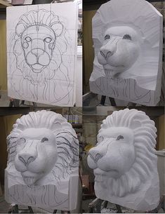 four pictures of lion heads made out of paper