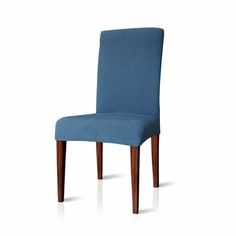 a blue upholstered chair with wooden legs