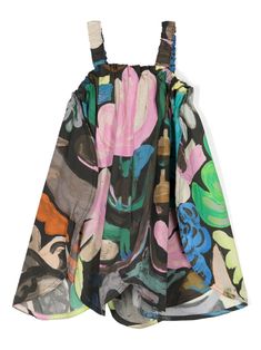 black/multicolour cotton all-over graphic print gathered detailing square neck sleeveless scallop hem Denim Jacket Short, Dress With Jean Jacket, Teen Boy Outfits, Denim Jacket With Dress, Girls Casual Dresses, Baby Boy Accessories, Burberry Kids, Dolce And Gabbana Kids, Scallop Hem