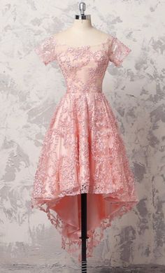 Pink Short Sleeve Evening Dress For Banquet, Pink Knee-length Evening Dress For Prom, Pink Short Sleeve Evening Dress For Wedding, Pink Short Sleeve Evening Dress For Prom Season, Pink Short Sleeve Evening Dress For Prom, Pink Short-sleeved Evening Dress For Wedding, Fitted High Low Prom Dress, Lace Evening Dress For Prom With Short Sleeves, Lace Evening Dress With Short Sleeves For Prom