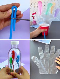 four different pictures showing how to make handprints out of plastic bottles