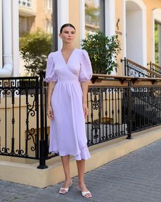 Fabric: muslin V-neck Puff sleeves Short sleeves Midi length Dress length: 122 cm/ 48.03 in Sleeve length: 33 cm/ 12.99 in Spring V-neck Dress With Puff Gathered Sleeves, Chic Purple Puff Sleeve Midi Dress, Elegant Lavender Short Sleeve Midi Dress, Chic Purple Midi Dress With Puff Sleeves, Feminine Lavender V-neck Midi Dress, Lavender Fitted Puff Sleeve Dress, Lavender Puff Sleeve Feminine Dress, Feminine Lavender Midi Dress With Short Sleeves, Lavender Fitted Dress With Puff Sleeves