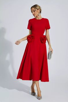 Red A-line Midi Dress For Garden Party, Elegant Red Dress For Garden Party, Red A-line Dress For Wedding Guest, Red Midi Dress For Spring Wedding Guest, Elegant Red Midi Dress For Wedding Guest, Flower Midi Dress, Glitter Wedding Dress, Color Dresses, Bandage Midi Dress