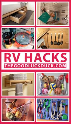 the cover of rv hacks is shown with pictures of kitchen items and utensils