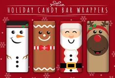 holiday candy bar wrappers with santa, snowman and reindeer faces on red background