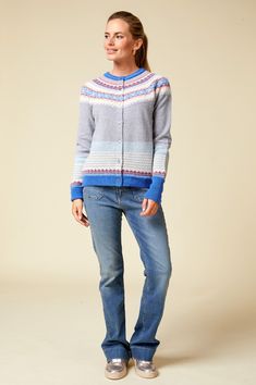 Boasting a classic, understated design, the Alpine Cardigan by Eribe is your go-to sustainable knitwear in a multicolour Fair Isle Design. Featuring a ribbed, round neckline, cuffs and hem with a button-down front. Finished with full-length sleeves and extra-long cuffs in luxurious merino wool. This cardigan will no doubt keep you cosy. Free knitwear comb with every purchase - discount applied at checkout when you add one to your basket. Product Details Size Model is 5'7", a UK 8, wearing a size Luxury Long Sleeve Merino Wool Cardigan, Eribe Alpine Cardigan, Mens Clothing Guide, Sustainable Knitwear, Clothing Guide, Merino Wool Cardigan, Slow Fashion Brands, Fair Isle Pattern, Wool Cardigan