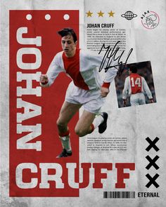 an advertisement for a soccer team featuring a man in red and white running with the ball