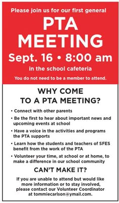 a red and white sign with the words pta meeting