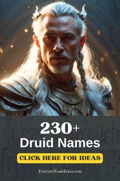 a man with long white hair and braids in front of an arch that says, 240 druid names click here for ideas