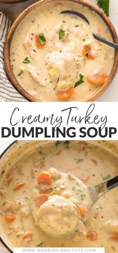 creamy turkey dumpling soup in a bowl with a spoon