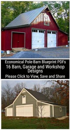 two different garages with the words, economic pole barn blueprint pdps 16 barn, garage and workshop designs please click to view save and share