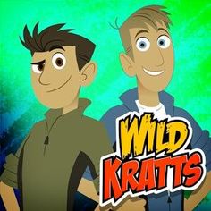 two men standing next to each other with the words wild kratts