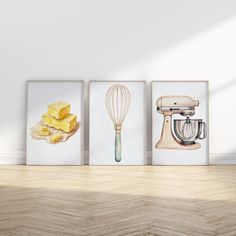 three paintings of kitchen appliances are displayed on the wall in an empty room with wood flooring