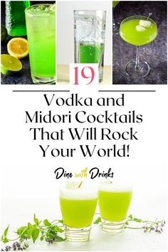 Collage of 4 vodka and midori cocktails. Bartender Ideas, Japanese Vodka, Vodka Sour Recipe