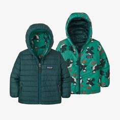 Reversible, lightweight, hooded jacket insulated with 600-fill-power 100% Recycled Down (duck and goose down reclaimed from down products) features a solid color on one side and print on the other. Keep them warm with the Baby Reversible Down Sweater Hoody. It has a lightweight, windproof polyester plain-weave print shell with high tear-strength and a DWR (durable water repellent) finish; it reverses to a contrasting solid made of polyester mini-ripstop fabric. Insulated with 600-fill-power 100% Patagonia Baby, Baby Patagonia, Puff Puff, Toddler Jacket, Baby Hoodie, Special Kids, 3rd Baby, Patagonia Jacket, Ripstop Fabric