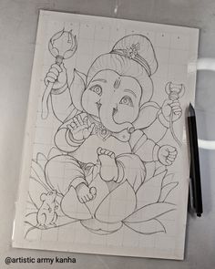 Gnash Ji Drawing, Ganashpati Drawing, Ganesh Outline Drawing, Drawing Ideas Of God, God Drawing Ideas, Ganesh Painting Easy, Cute God Drawing, Sketch Ideas For Kids, Gods Drawing Sketch