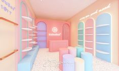 this is a 3d rendering of a pink and blue room with shelves on the wall