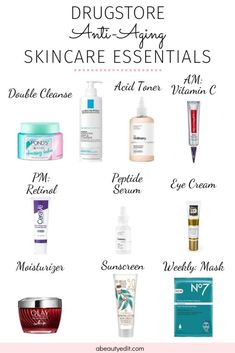 From Vitamin C to retinol and peptides to acids these drugstore products are a great introduction to anti-aging skincare.  Better yet, they are affordable and effective. #skincare #antiagingskincare #skincareroutineproducts #skincareroutine Vitamin C And Retinol, Antiaging Skincare Routine, Drugstore Products, Anti Aging Skincare Routine, Acne Skincare, Skin Care Wrinkles, Skincare Essentials