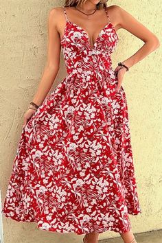 Summer Fashion Ladies Printed Sling Holiday Casual Maxi Dress Red Suspenders, Beach Holiday Dresses, A Line Maxi Dress, Vacation Dress, Red Midi Dress, Maxi Dresses Casual, Vacation Dresses, Summer Fashion Outfits, Elegant Fashion