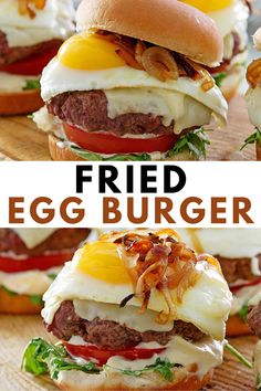 A mouthwatering fried egg burger on a sesame seed bun, topped with lettuce, tomato, cheese, and a perfectly cooked fried egg, showcasing its gourmet toppings and juicy patty. Fried Egg Burger, Perfect Burger Recipe, Creative Burger, Caramelized Onions Recipe, Burger Mix, Egg Burger, Best Burger Recipe, Easy Grilling Recipes, Burger Toppings