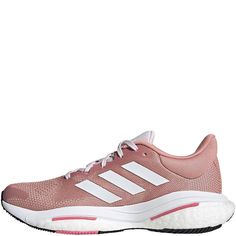 Adidas Womens Solarglide 5 Sneakers Pink Athletic Fit Running Shoes With Boost Midsole, Pink Athletic Sneakers With Boost Midsole, Pink Athletic Sneakers With Cushioned Footbed, Athletic Fit Pink Sneakers With Boost Midsole, Pink Athleisure Sneakers With Athletic Fit, Pink Athletic Fit Sneakers For Light Sports, Pink Athleisure Athletic Sneakers, Pink Athletic Fit Sneakers For Athleisure, Pink Athletic Fit Running Shoes With Round Toe