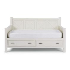 a white daybed with two drawers and a mattress on it's bottom shelf