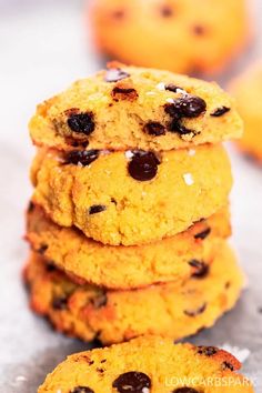 chocolate chip cookies stacked on top of each other